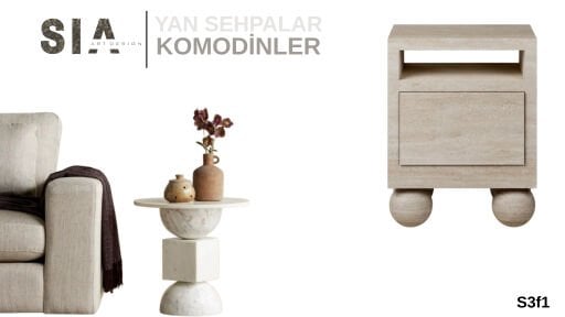  TRAVERTEN KOMODİN VE YAN SEHPALAR
