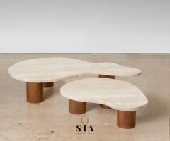 SIA NAT - Doğal Traverten Mermer Ahşap Ayak Orta Sehpa