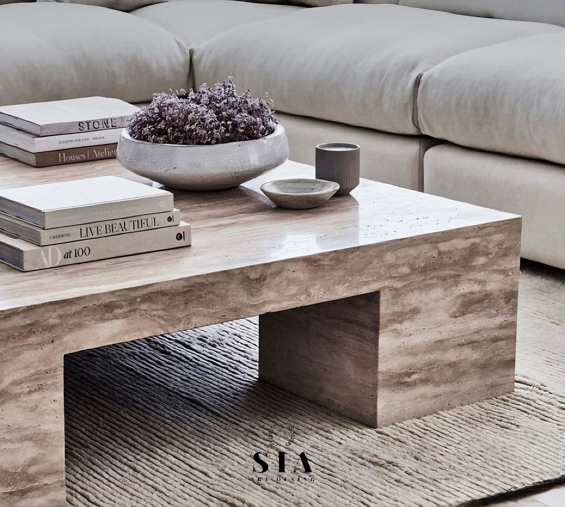 SIA SILVER- Doğal Gümüş Traverten Mermer Orta Sehpa